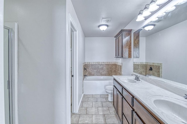 816 Lakeview Dr, Moore, OK 73160 - bathroom featuring double vanity, a garden tub, tile patterned floors, and a shower with shower door