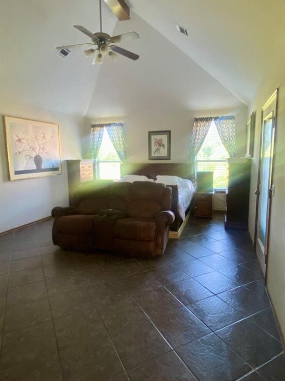 450 Hickory Hill Dr, Choctaw, OK 73020 - bedroom with high vaulted ceiling, a ceiling fan, dark tile patterned flooring, and beamed ceiling