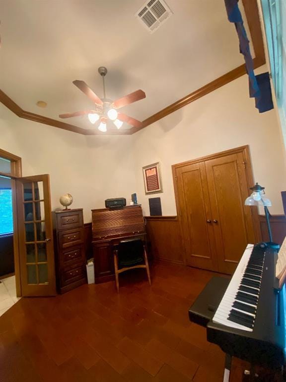 450 Hickory Hill Dr, Choctaw, OK 73020 - office area featuring ornamental molding, ceiling fan, and wood finished floors