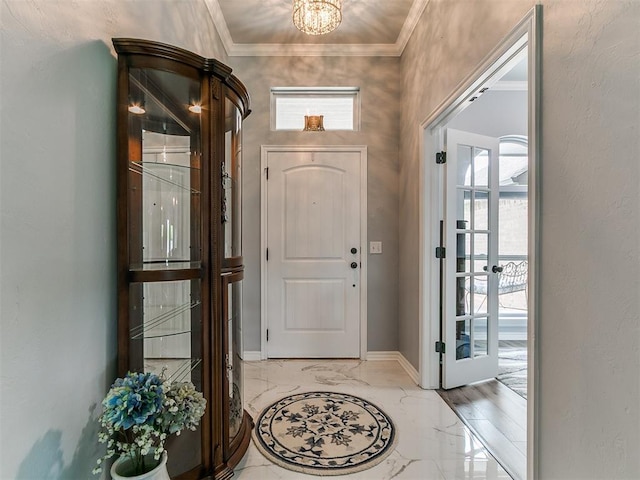 1401 Baycharter St, Norman, OK 73071 - foyer entrance with light marble finish floors, ornamental molding, a chandelier, and french doors