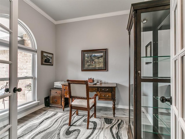 1401 Baycharter St, Norman, OK 73071 - office area with french doors, wood finished floors, healthy amount of natural light, and ornamental molding