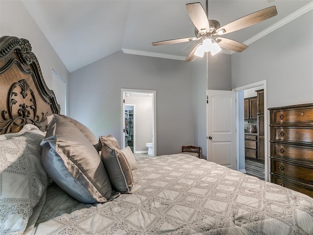 1401 Baycharter St, Norman, OK 73071 - bedroom featuring vaulted ceiling, crown molding, a ceiling fan, and connected bathroom