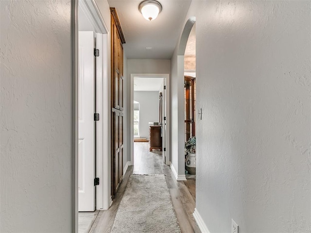 1401 Baycharter St, Norman, OK 73071 - hall featuring light wood-type flooring, arched walkways, and a textured wall