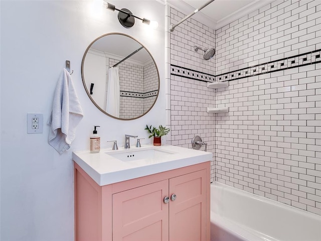2647 NW 24th St, Oklahoma City, OK 73107 - full bathroom featuring vanity, shower / tub combo with curtain, and crown molding