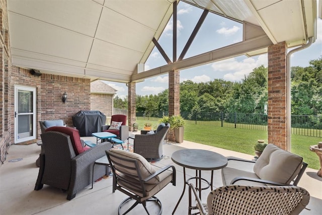 19804 Dalemead Way, Edmond, OK 73012 - fenced backyard with area for grilling, outdoor lounge area, a patio area, and view of wooded area