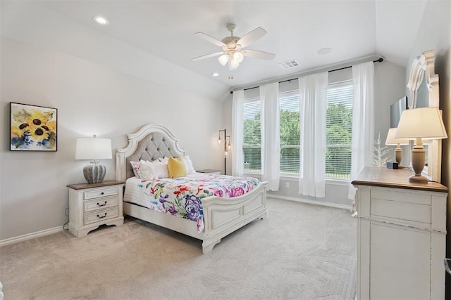 19804 Dalemead Way, Edmond, OK 73012 - bedroom with vaulted ceiling, light colored carpet, ceiling fan, and recessed lighting