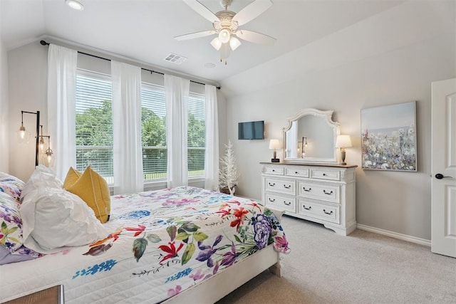 19804 Dalemead Way, Edmond, OK 73012 - bedroom featuring vaulted ceiling, light carpet, a ceiling fan, and recessed lighting