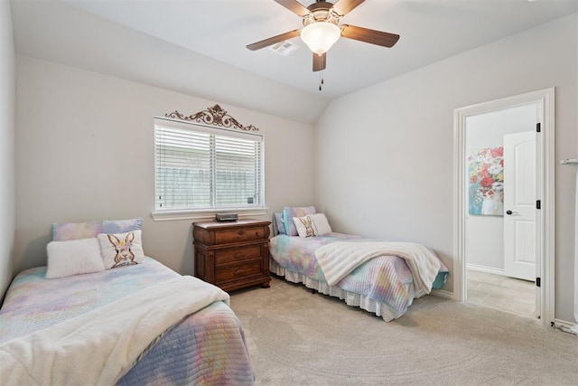 19804 Dalemead Way, Edmond, OK 73012 - bedroom featuring light carpet, ceiling fan, and vaulted ceiling