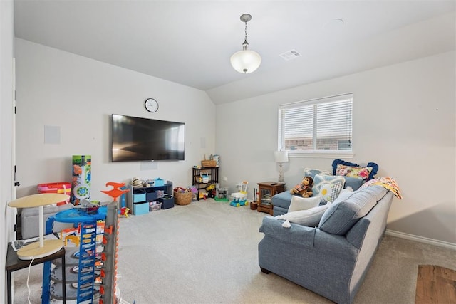 19804 Dalemead Way, Edmond, OK 73012 - carpeted living area featuring lofted ceiling and baseboards