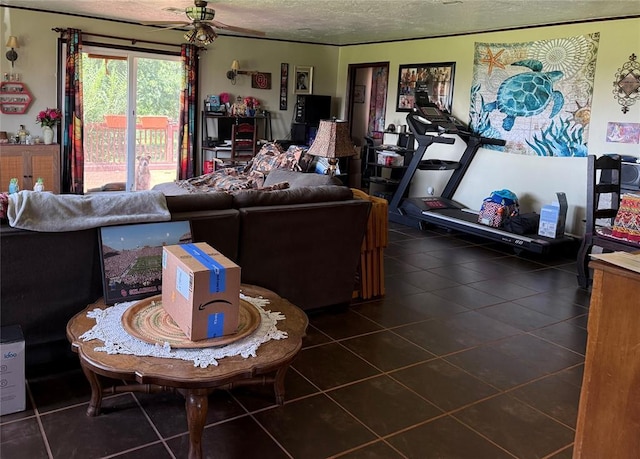 342532 E 1020th Rd, Meeker, OK 74855 - living room featuring a textured ceiling and dark tile patterned flooring