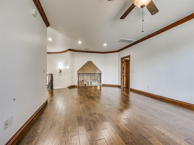 4109 Slate Bridge Rd, Edmond, OK 73034 - unfurnished living room with ornamental molding, a ceiling fan, wood-type flooring, and recessed lighting