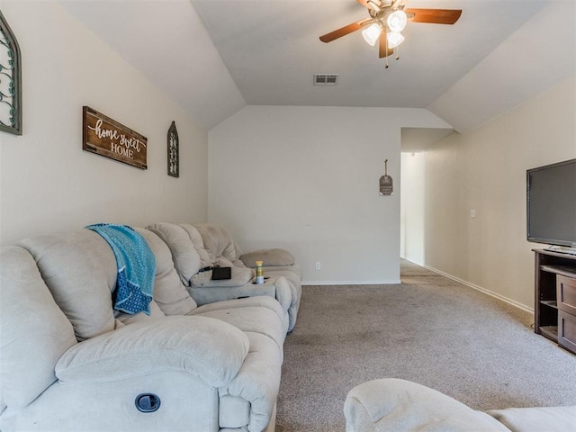 7300 NW 109th St, Oklahoma City, OK 73162 - carpeted living area featuring ceiling fan and vaulted ceiling
