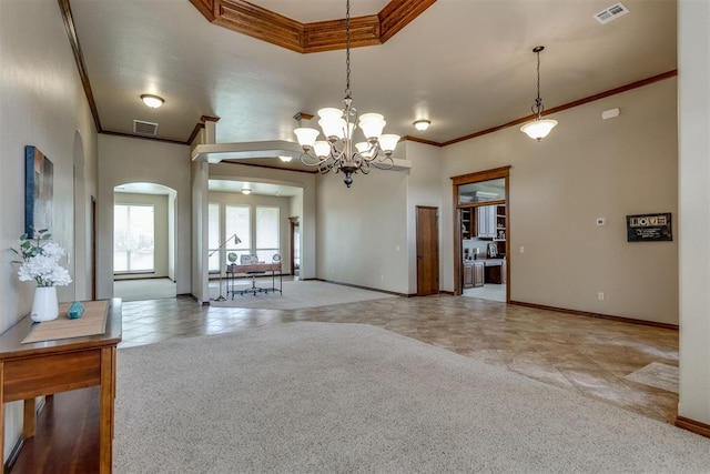 3000 Hampshire Ln, Oklahoma City, OK 73179 - unfurnished living room with crown molding, arched walkways, light tile patterned floors, light carpet, and a chandelier