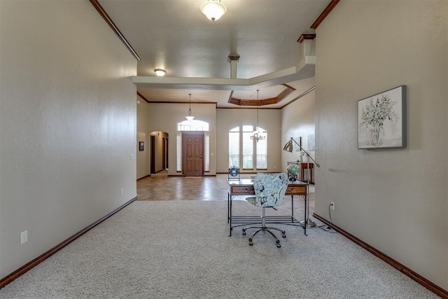 3000 Hampshire Ln, Oklahoma City, OK 73179 - home office featuring carpet floors, arched walkways, and crown molding
