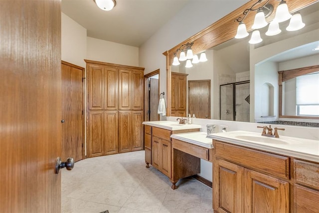 3000 Hampshire Ln, Oklahoma City, OK 73179 - bathroom featuring double vanity, a shower stall, and tile patterned flooring