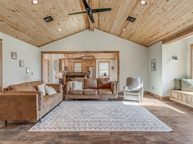 29490 County Road 180th Rd, Stillwater, OK 74075 - living room with recessed lighting, a ceiling fan, vaulted ceiling, dark wood-type flooring, and wood ceiling