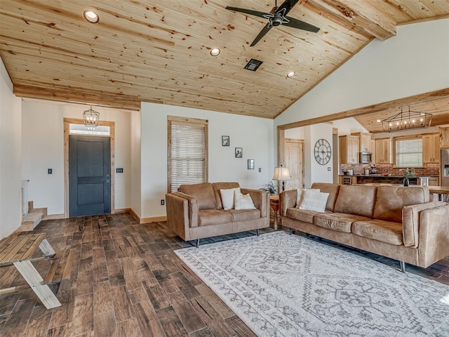 29490 County Road 180th Rd, Stillwater, OK 74075 - living area featuring a ceiling fan, wooden ceiling, dark wood-style floors, and recessed lighting
