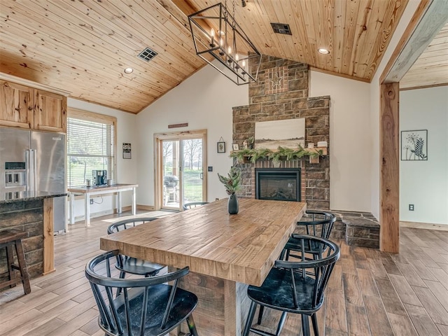 29490 County Road 180th Rd, Stillwater, OK 74075 - dining room with wood ceiling, a stone fireplace, wood finished floors, lofted ceiling, and recessed lighting