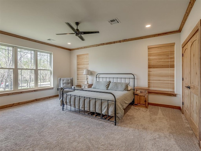 29490 County Road 180th Rd, Stillwater, OK 74075 - carpeted bedroom with ornamental molding, recessed lighting, and a ceiling fan