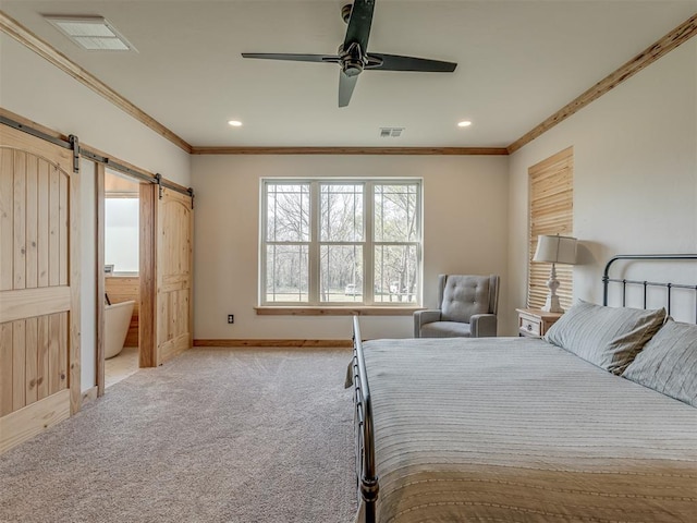 29490 County Road 180th Rd, Stillwater, OK 74075 - bedroom with crown molding, a barn door, carpet flooring, recessed lighting, and ceiling fan