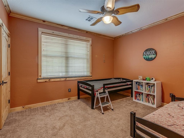 29490 County Road 180th Rd, Stillwater, OK 74075 - bedroom with ornamental molding, carpet, and a ceiling fan