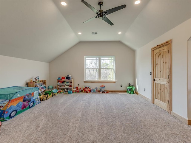 29490 County Road 180th Rd, Stillwater, OK 74075 - game room featuring carpet flooring, ceiling fan, lofted ceiling, and recessed lighting