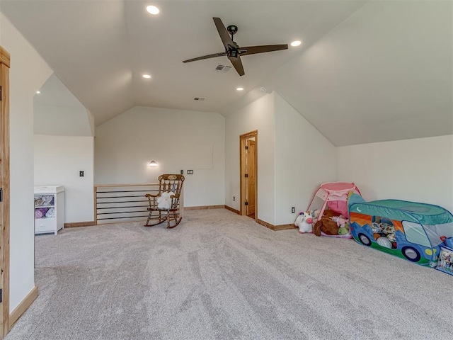 29490 County Road 180th Rd, Stillwater, OK 74075 - rec room with lofted ceiling, carpet flooring, a ceiling fan, and recessed lighting