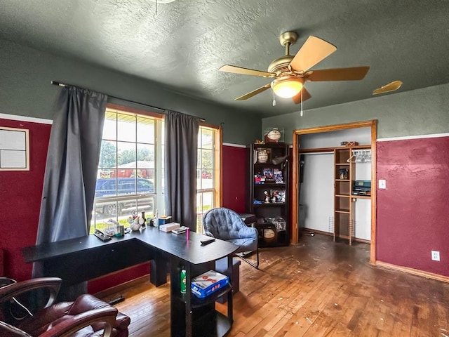 521 E Broadway St, Lexington, OK 73051 - office area featuring hardwood / wood-style flooring, ceiling fan, a textured ceiling, and a textured wall