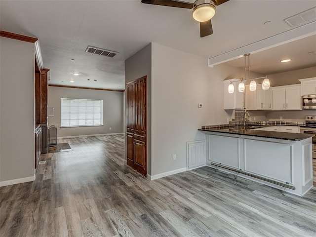11300 N Pennsylvania Ave Unit 120, Oklahoma City, OK 73120 - kitchen with stainless steel appliances, dark countertops, a ceiling fan, white cabinetry, and open floor plan