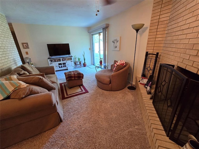 5712 Lawson Ln, Oklahoma City, OK 73132 - carpeted living area with a brick fireplace and brick wall