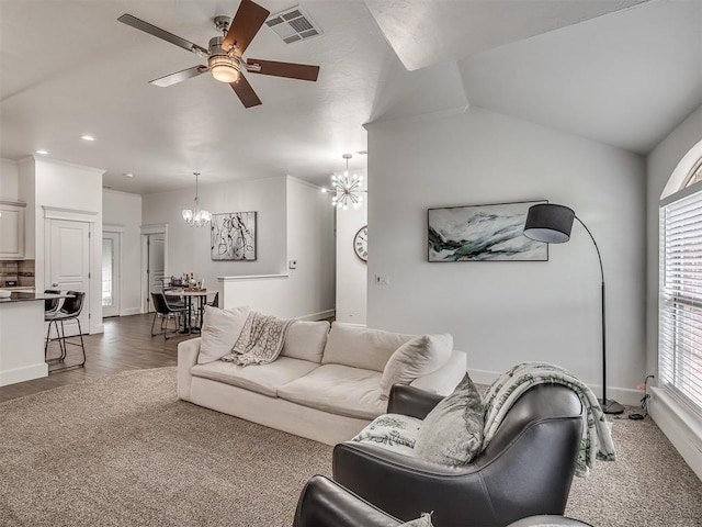 5112 NW 163rd St, Edmond, OK 73013 - living area with a chandelier, healthy amount of natural light, a ceiling fan, wood finished floors, and recessed lighting