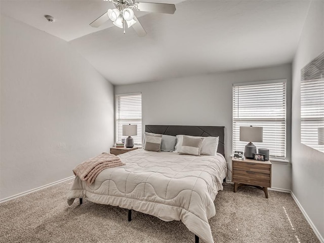 5112 NW 163rd St, Edmond, OK 73013 - bedroom featuring light carpet, vaulted ceiling, and ceiling fan