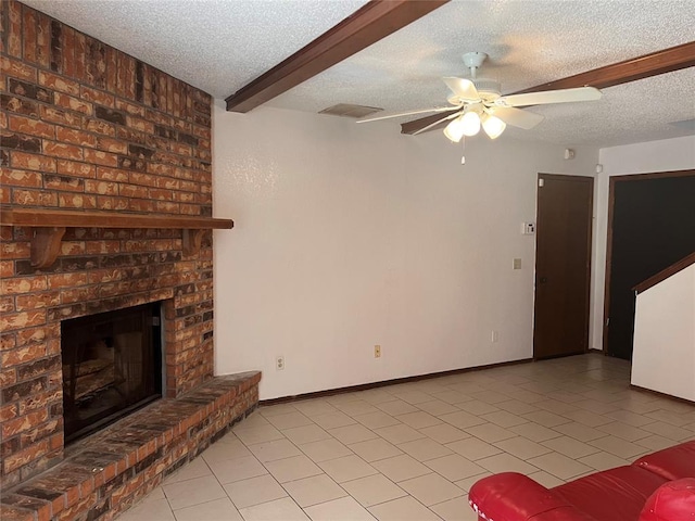 8300 NW 10th St Unit 140, Oklahoma City, OK 73127 - unfurnished living room featuring a textured ceiling, a ceiling fan, light tile patterned floors, a fireplace, and beamed ceiling