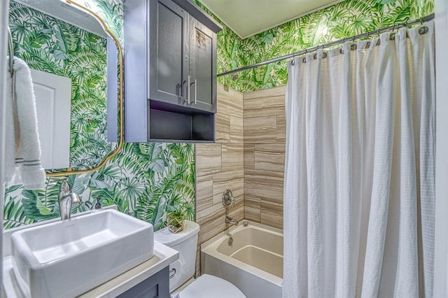 1621 NW 18th St, Oklahoma City, OK 73106 - bathroom with wallpapered walls, shower / tub combo, and vanity