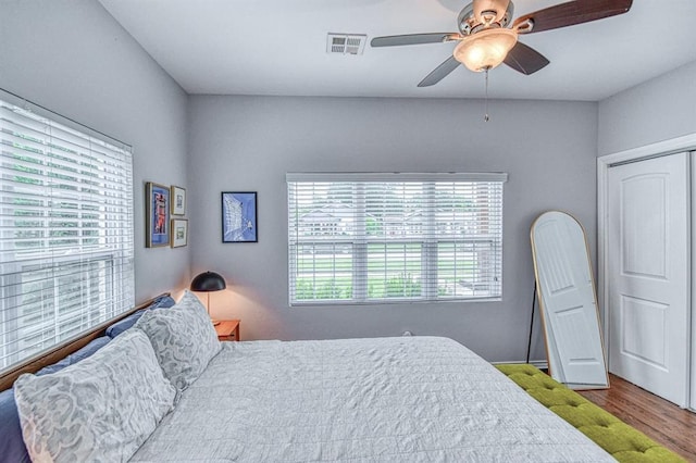 1621 NW 18th St, Oklahoma City, OK 73106 - bedroom featuring multiple windows, wood finished floors, and ceiling fan