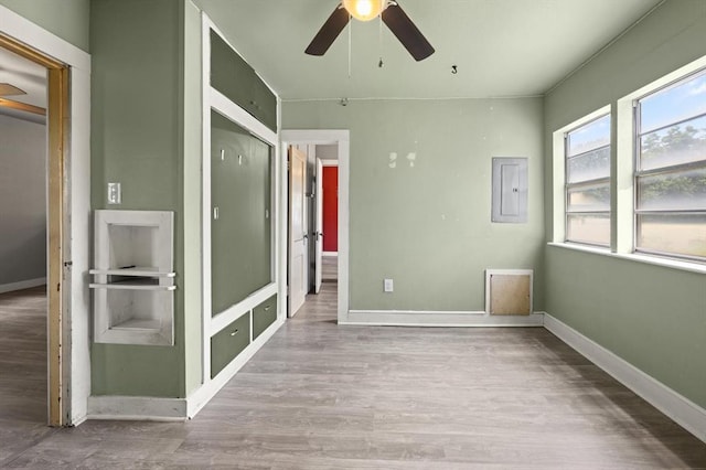 4504 N Grove Ave, Warr Acres, OK 73122 - unfurnished bedroom featuring electric panel, wood finished floors, and ceiling fan
