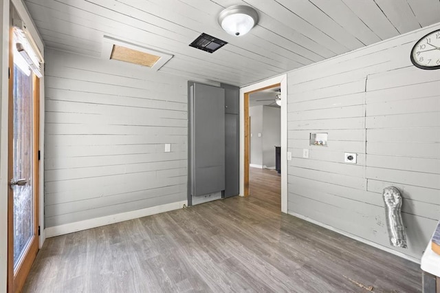 4504 N Grove Ave, Warr Acres, OK 73122 - spare room featuring wooden walls, wood finished floors, and wood ceiling