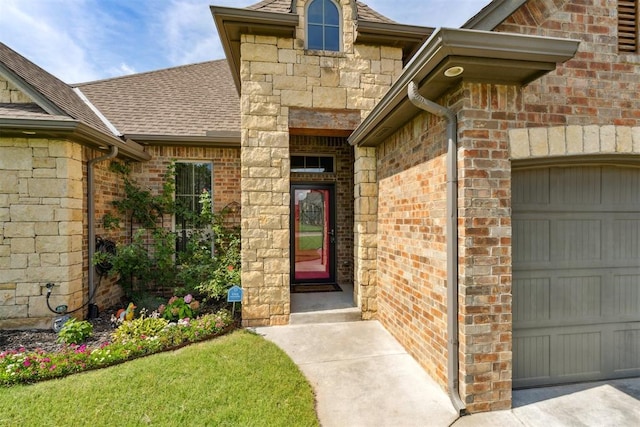 12505 Shady Gln, Choctaw, OK 73020 - doorway to property featuring a garage, a shingled roof, brick siding, and stone siding