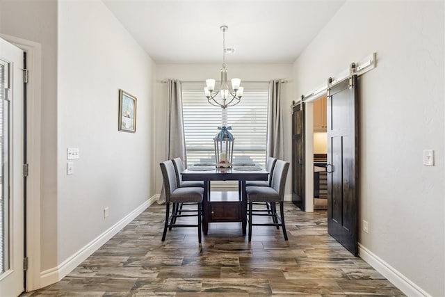 12505 Shady Gln, Choctaw, OK 73020 - dining space featuring a chandelier, a barn door, and dark wood-style floors