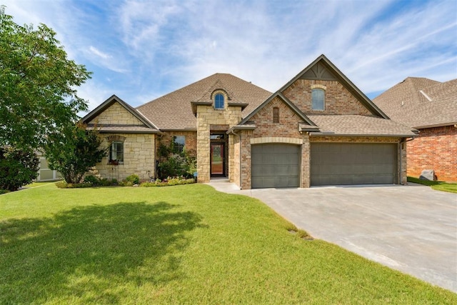 12505 Shady Gln, Choctaw, OK 73020 - french country style house featuring driveway, a front yard, stone siding, a shingled roof, and a garage