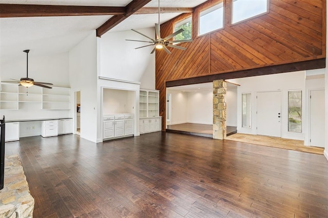 2416 Chimney Hill Ct, Edmond, OK 73034 - unfurnished living room with high vaulted ceiling, ceiling fan, and wood finished floors