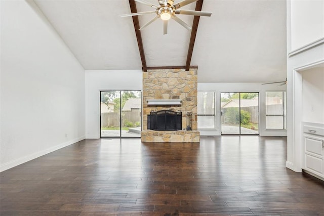2416 Chimney Hill Ct, Edmond, OK 73034 - unfurnished living room with ceiling fan, high vaulted ceiling, healthy amount of natural light, beam ceiling, and dark wood finished floors