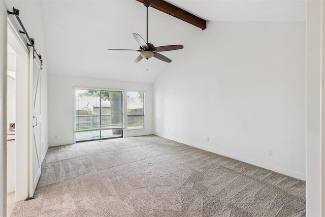 2416 Chimney Hill Ct, Edmond, OK 73034 - carpeted spare room with a barn door, beam ceiling, a ceiling fan, and high vaulted ceiling