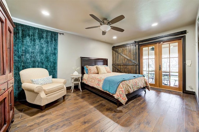 4225 Red Bud Pl, Edmond, OK 73013 - bedroom featuring access to exterior, hardwood / wood-style floors, recessed lighting, a barn door, and ceiling fan