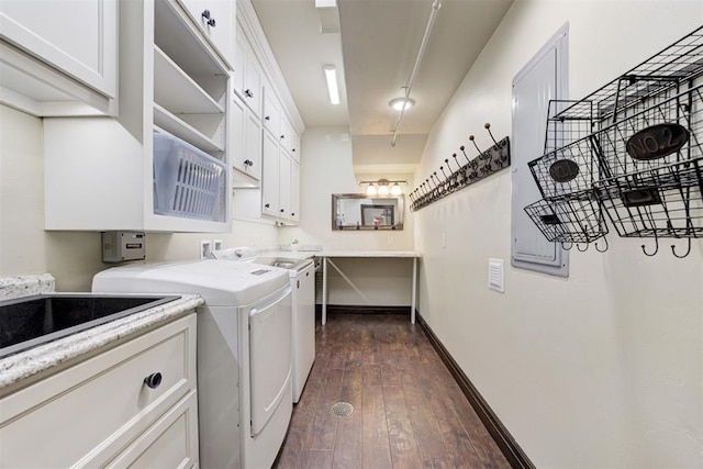 4225 Red Bud Pl, Edmond, OK 73013 - laundry area with washer and dryer, cabinet space, and dark wood-style floors