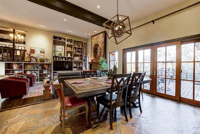4225 Red Bud Pl, Edmond, OK 73013 - dining room featuring a chandelier, plenty of natural light, beamed ceiling, recessed lighting, and french doors