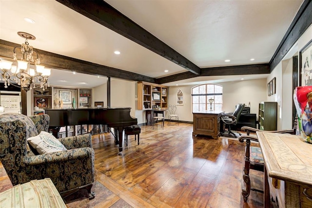 4225 Red Bud Pl, Edmond, OK 73013 - living area featuring beam ceiling, hardwood / wood-style flooring, recessed lighting, an office area, and a chandelier