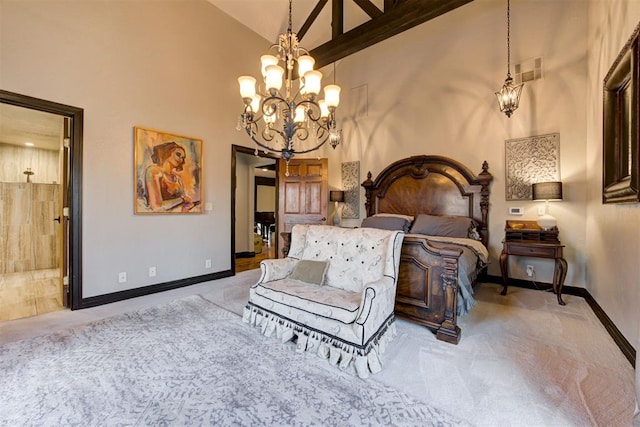 4225 Red Bud Pl, Edmond, OK 73013 - bedroom featuring carpet floors, high vaulted ceiling, and a chandelier