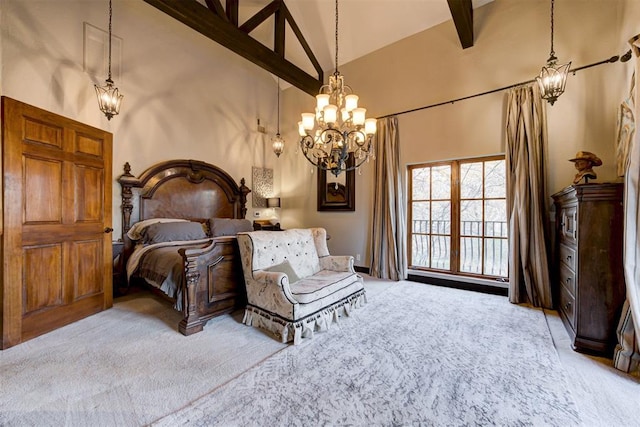 4225 Red Bud Pl, Edmond, OK 73013 - bedroom featuring high vaulted ceiling, carpet flooring, and a chandelier