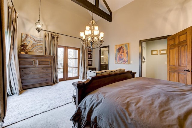 4225 Red Bud Pl, Edmond, OK 73013 - bedroom with carpet flooring, high vaulted ceiling, a chandelier, access to outside, and beamed ceiling